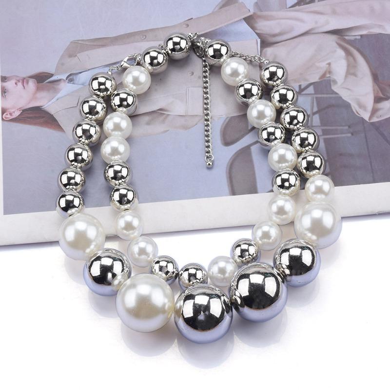 Silver-white Round Pearl Necklace, Cold Wind Exaggerated Double-layer Design Collarbone Chain Female