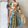 BITCED Frühlings Damen Bedrucktes Laternenärmel Figurbetontes Langarm Vollrock Kleid