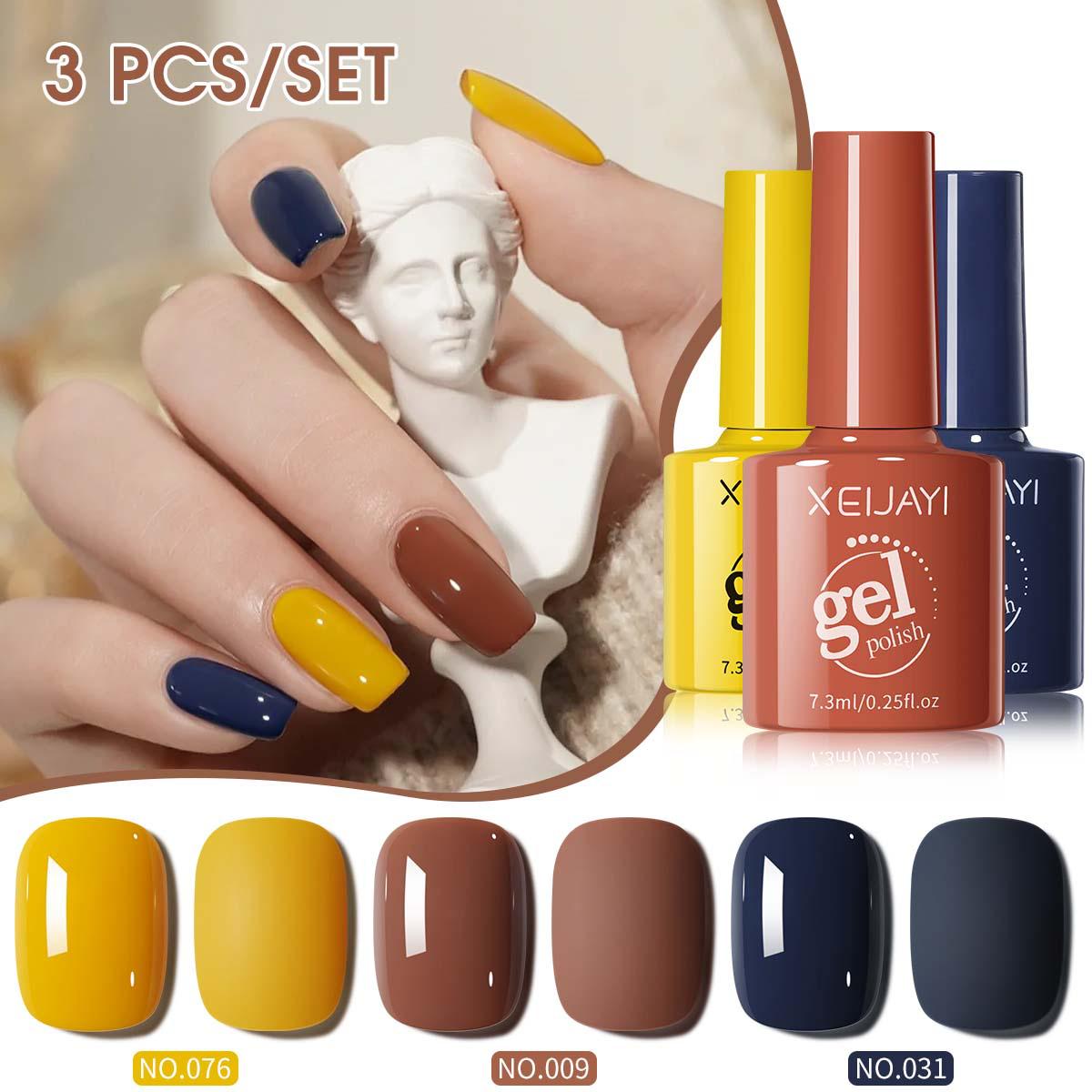 

2025 New Style Three-Color Gel Nail Polish Set: Yellow, Navy Blue, Brown for Salons