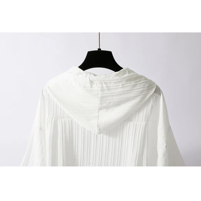Long Sleeve Lightweight Loose Women Shirt Hooded Sun Protection Versatile Blouse Spring Autumn Retro Casual Solid Shirt