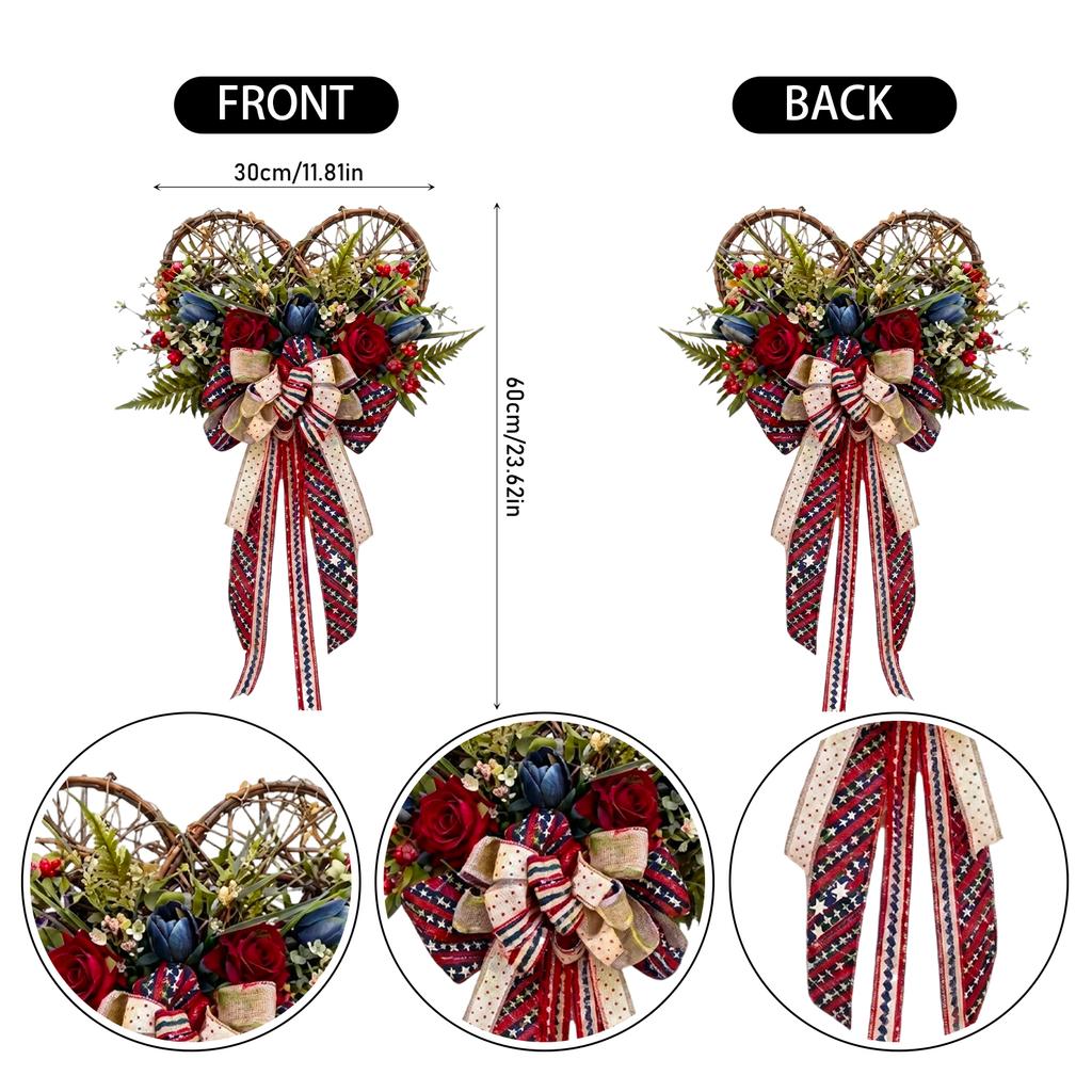 Patriotic Heart Shaped Wreath with Artificial Roses and Star Pattern Ribbon Rustic Home Wall Hanging Decoration for Seasonal Indoor Outdoor Use