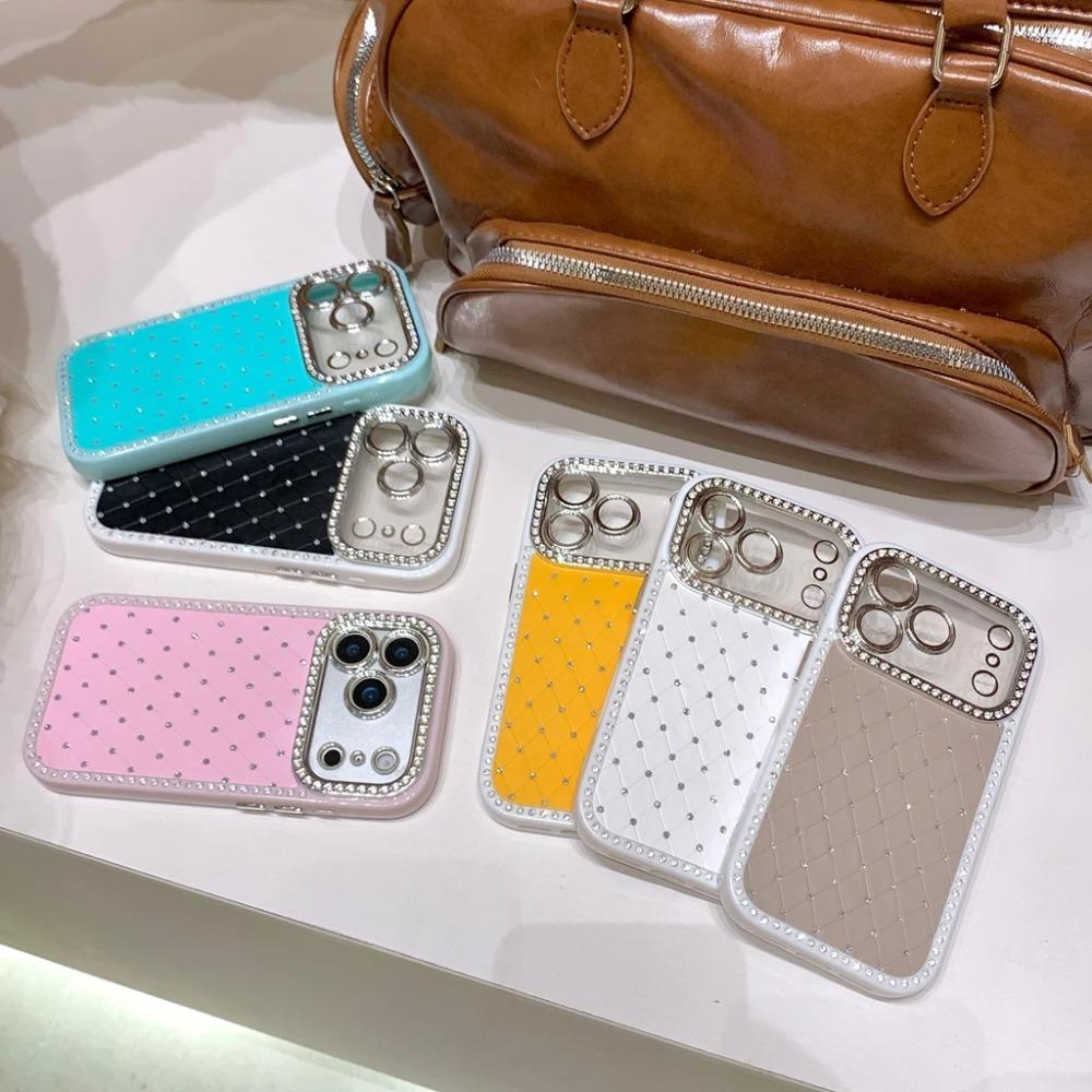 Fashion Solid Color Rhombus Grid Pattern Glitter Rhinestone Shock Proof Phone Cover Case for IPhone 17 16 15 14 13 Pro Max