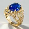 Huitan Luxury Gold Color Women Ring Inlaid Shining Blue Oval CZ Aesthetic Leaf Design Party Wedding Accessories Charming Zircon