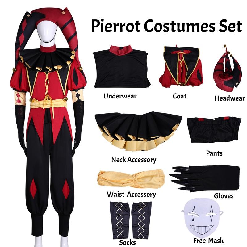 The Freak Circus Harlequin Clown Costume Full Set Pierrot Jester Unisex Cosplay Outfit Halloween Carnival Fancy Dress Jumpsuit
