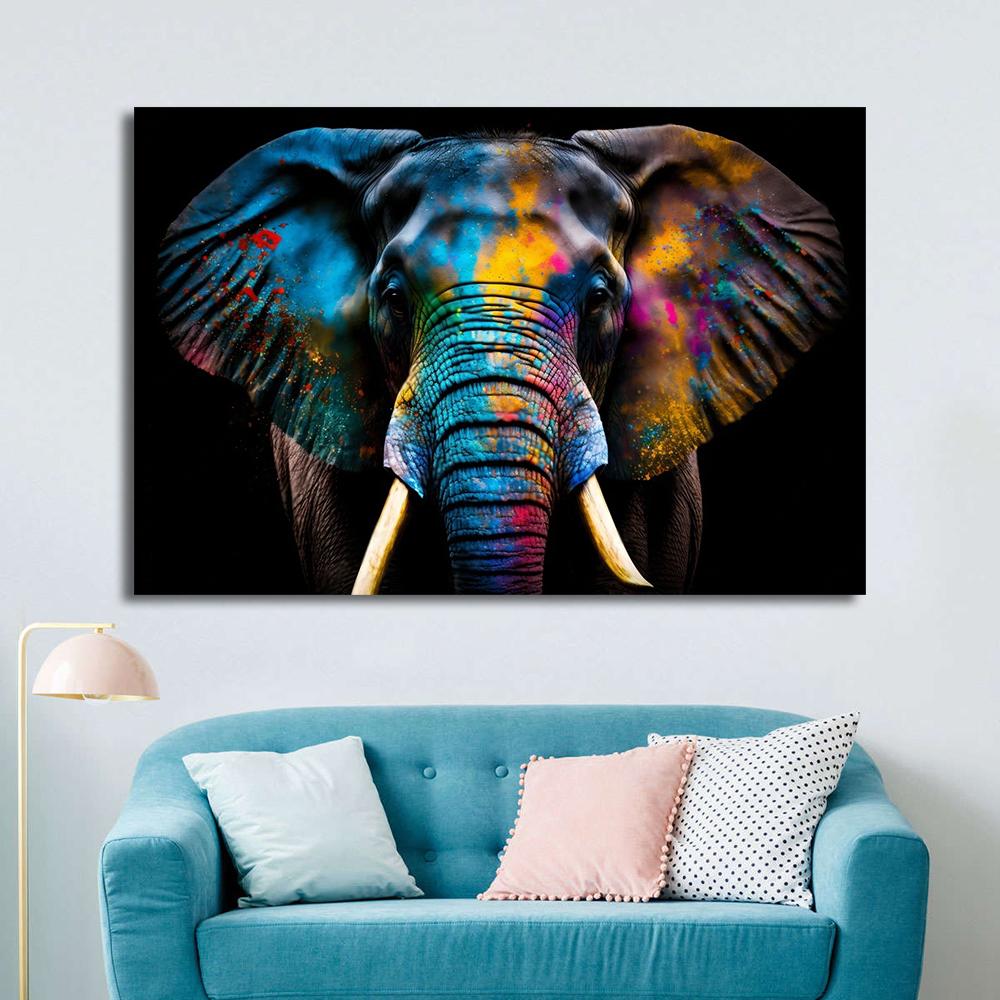 Ritratto Moderno Faccia di Elefante con Pittura su Tela con Pittura Colorata Poster di Elefanti Arte da Parete per Decorazione Soggiorno