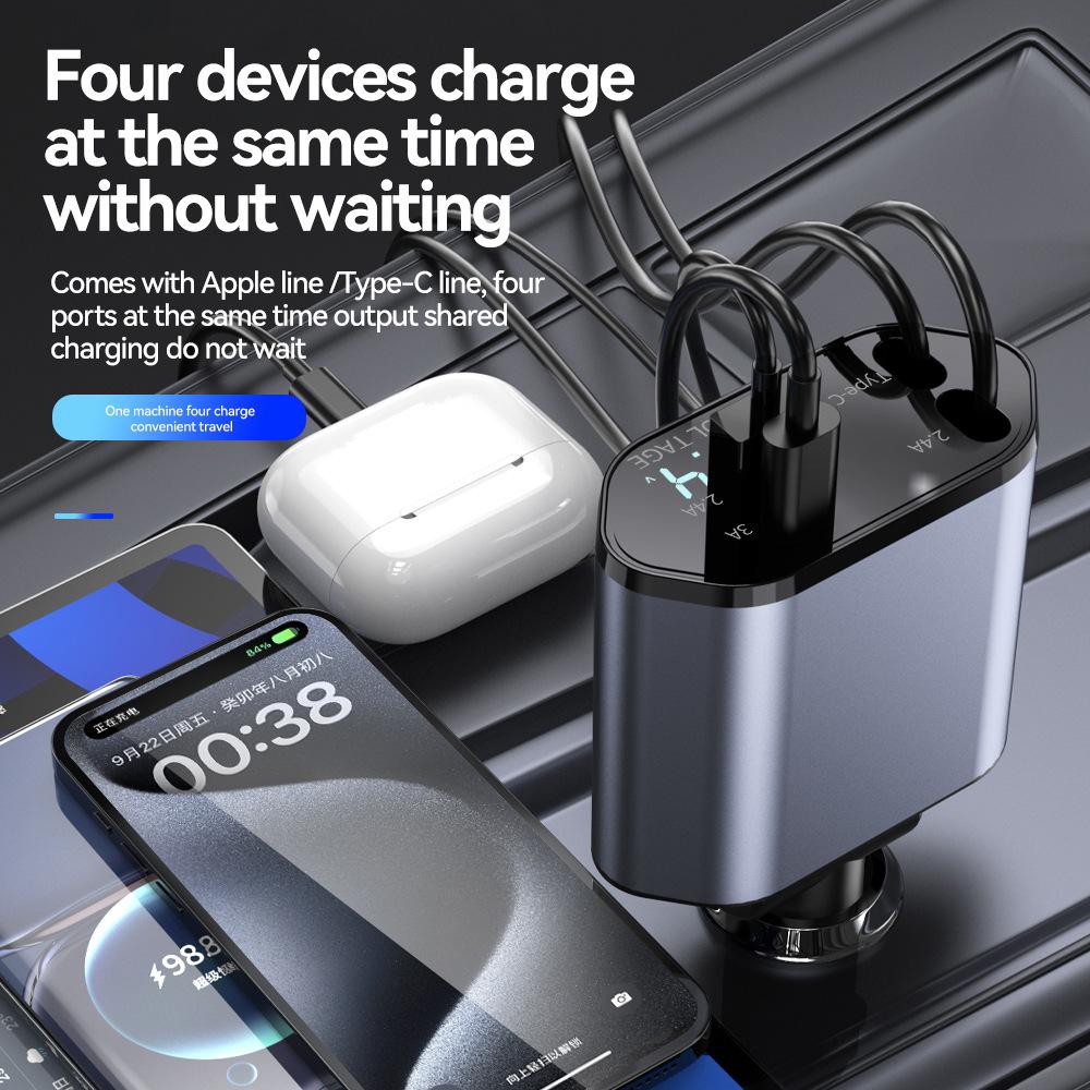 Car Charger Adaptor 120W Fast Charge USB Type C Fast Charger Cable with Retractable Cords Fit for iPhone 16/15/14/13/12 Samsung