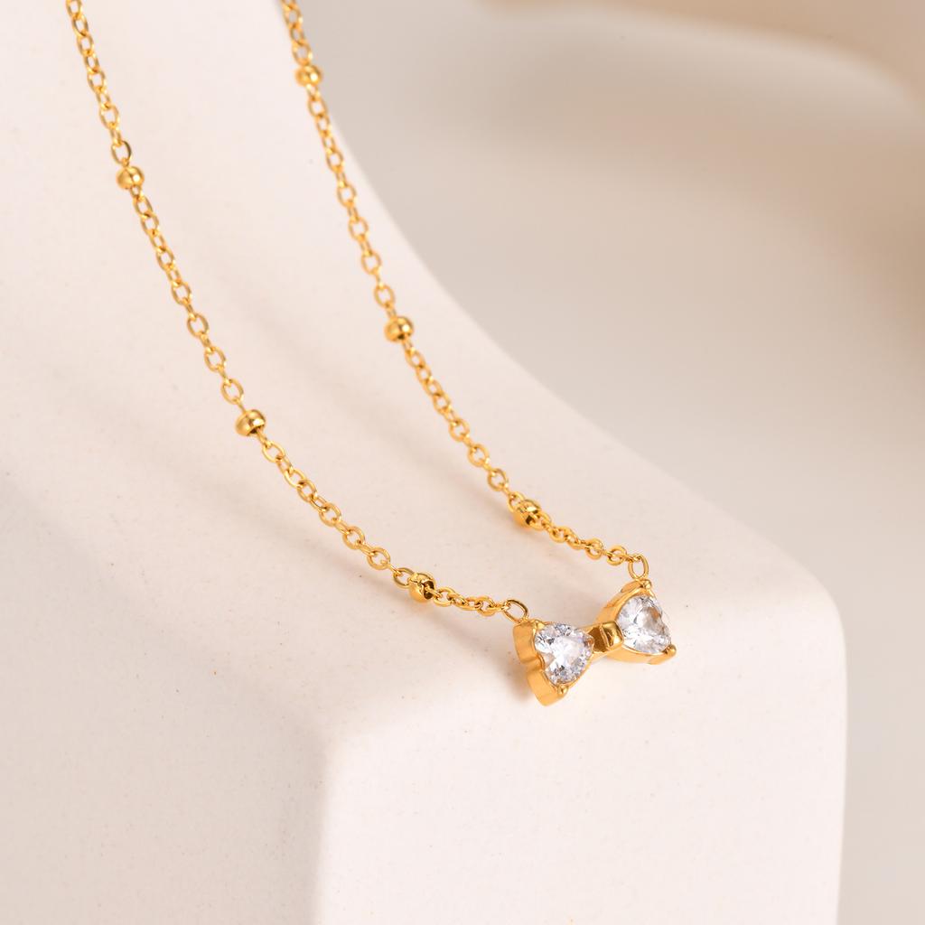Stainless Steel Bead Chain Zircon Bow Necklace,Brilliant Cubic Zirconia Bow Pendant Necklace for Bridal Wedding Accessories