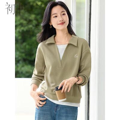 Women's Classic Polo Spliced Faux Two-Piece Sweatshirt
