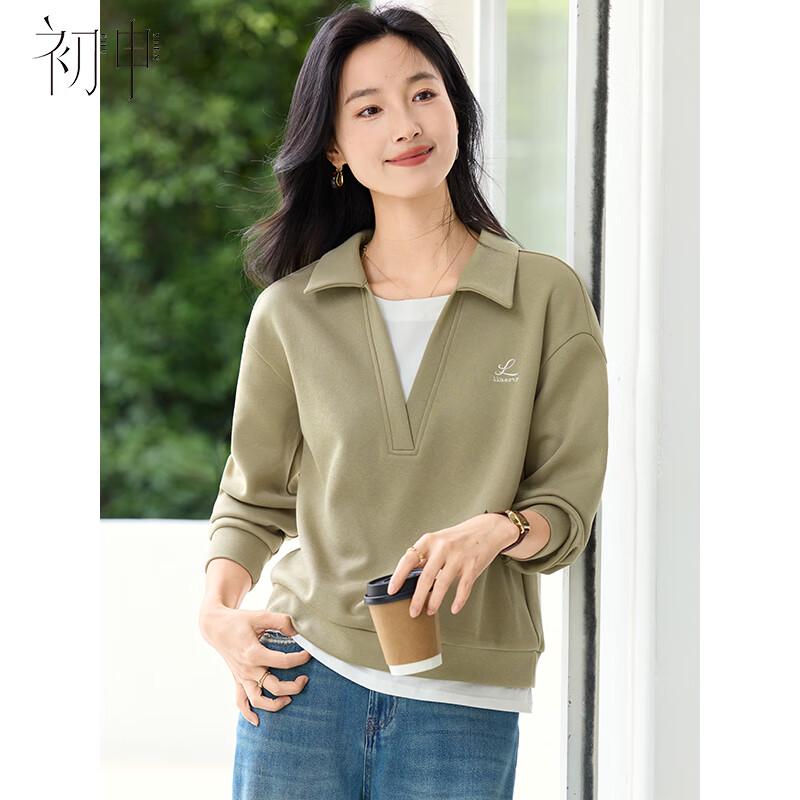

Women s Classic Polo Spliced Faux Two-Piece Sweatshirt M