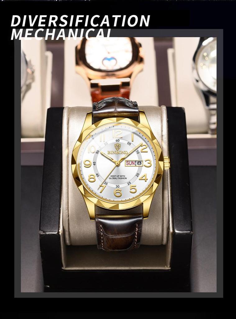 Binbang Ultra-thin Luminous Men's Quartz Watch - Automatic Movement, Waterproof with Calendar, Leather Strap, Business & Fashion Style.