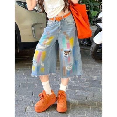 Jeans Graffiti Spray Colorati Donna Vita Alta Retro Pantaloncini di Jeans Moda Strappati