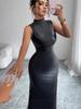 European and American Women's Sleeveless Faux Leather Bodycon Dress with Waist Tie and Slit