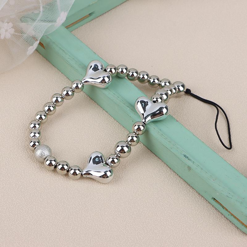1Pc Silver Color Heart Phone Charms Plastic Love Beaded Rope For Phone Women Men Short Cell Phone Lanyard Keychains