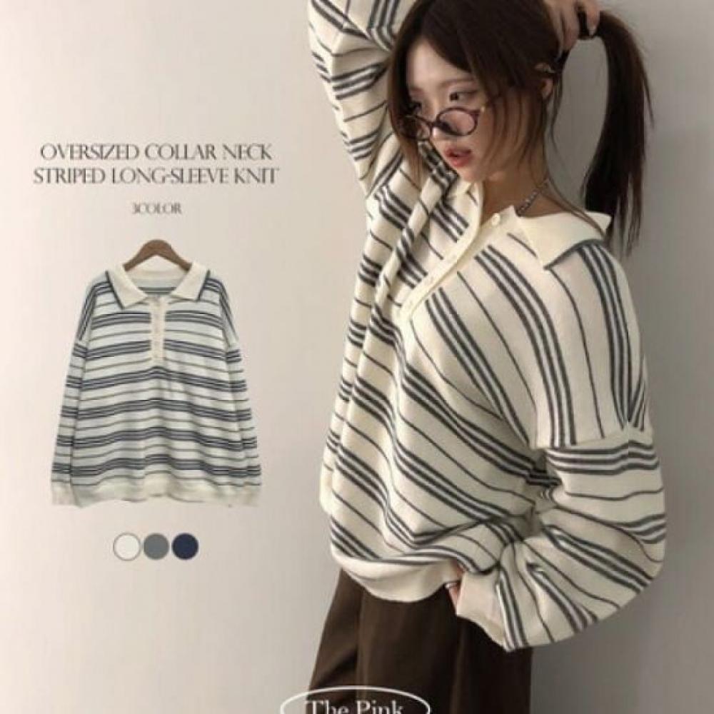The Pink Men Oversized Collar Neck Stripe Long Sleeve Knit