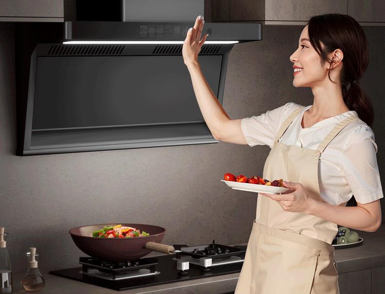 Haotaitai High-Suction Kitchen Range Hood with Automatic Cleaning, 7-Shaped Top, and Side Double Suction for Apartments