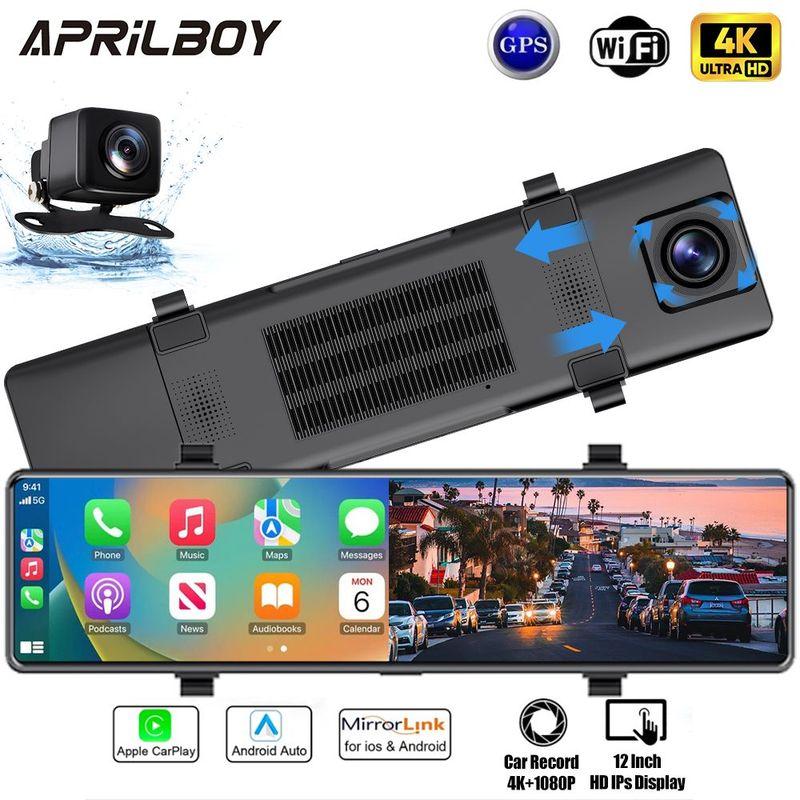 Aprilboy 12'' 4K Carplay&Android Auto Car DVR Dash Cam View Mirror Camera for Video Recorder Rearview Dash Cam 1080P Rear Camera