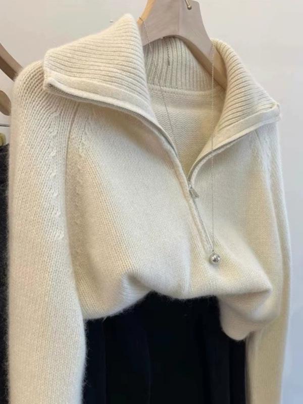 100% Pure Wool Women's Korean Style Lapel Raglan Sleeve Half Zip Loose Knit Sweater
