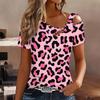 Women Leopard Print Cold Shoulder Short Sleeve T Shirt Irregular Cutout Neck Casual Summer Blouse Top