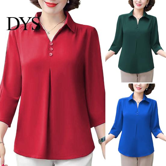 Turn-down Collar Mother Summer Top Buttons Solid Color Three-quarter Sleeves Pullover Match Pants Mid-aged Casual Plus Size Mom Spring T-shirt Women