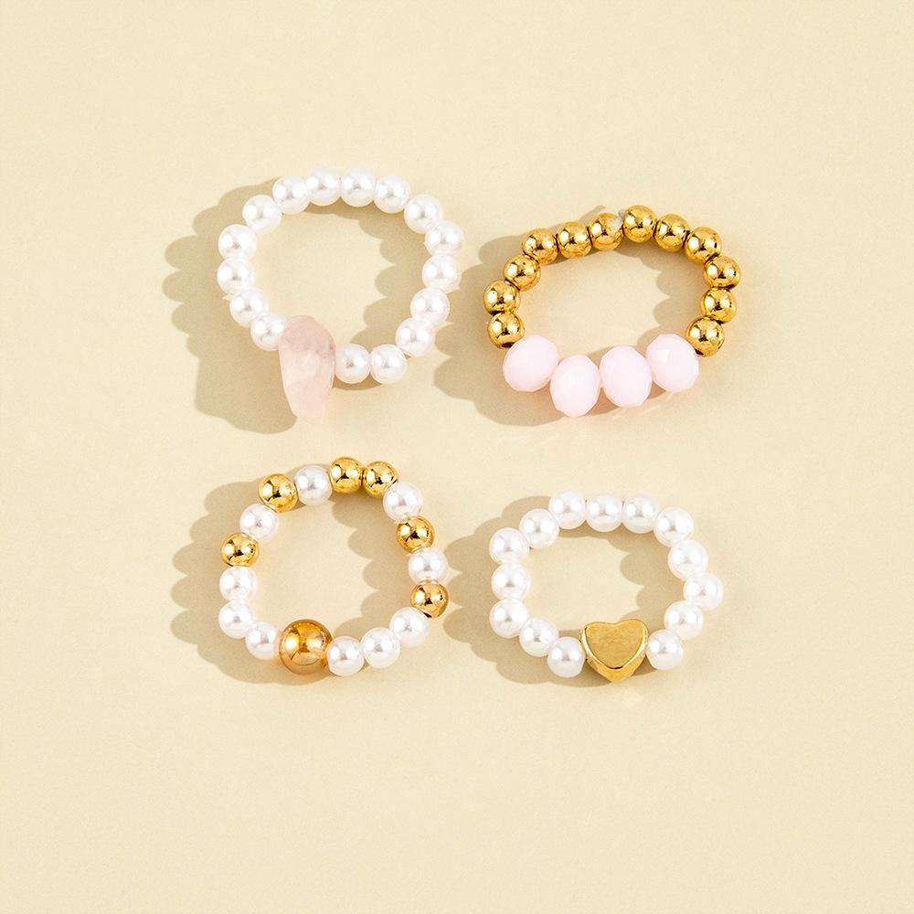 HI MAN 4 Pcs/Set Korean Mixed Handmade Pearl Stone Acrylic Small Round Bead Heart Ring Women Classic Elegant Dating Jewelry