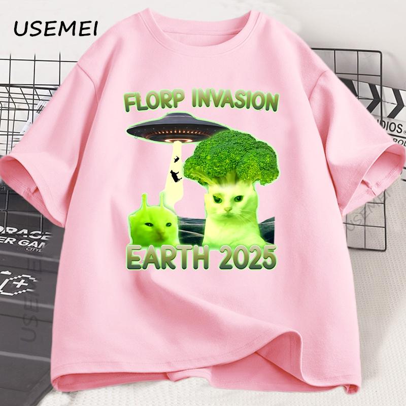Funny Alien Brainrot Cat T-Shirt Broccoli Cat Printed Tshirt Cotton Short Sleeve Round Neck T Shirt Men's Clothes Streetwear