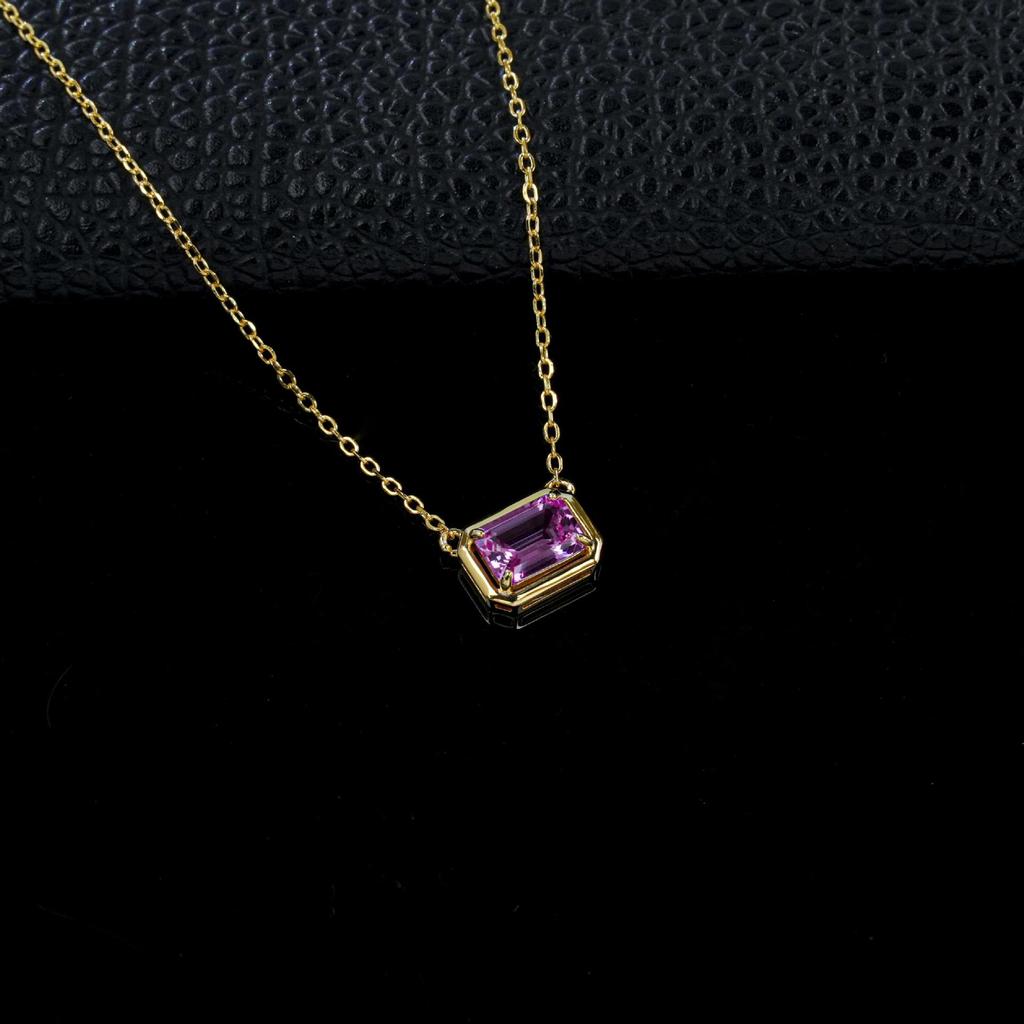 European Style S925 Sterling Silver Women's Pink Sapphire Necklace with Emerald Cut and Simple Four-Prong Setting