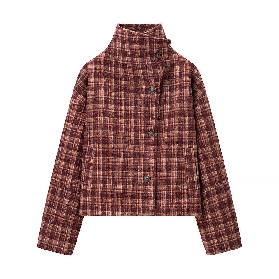 European and American style, wholesale women's clothing fashion versatile temperament casual stand-up collar plaid woolen jacket