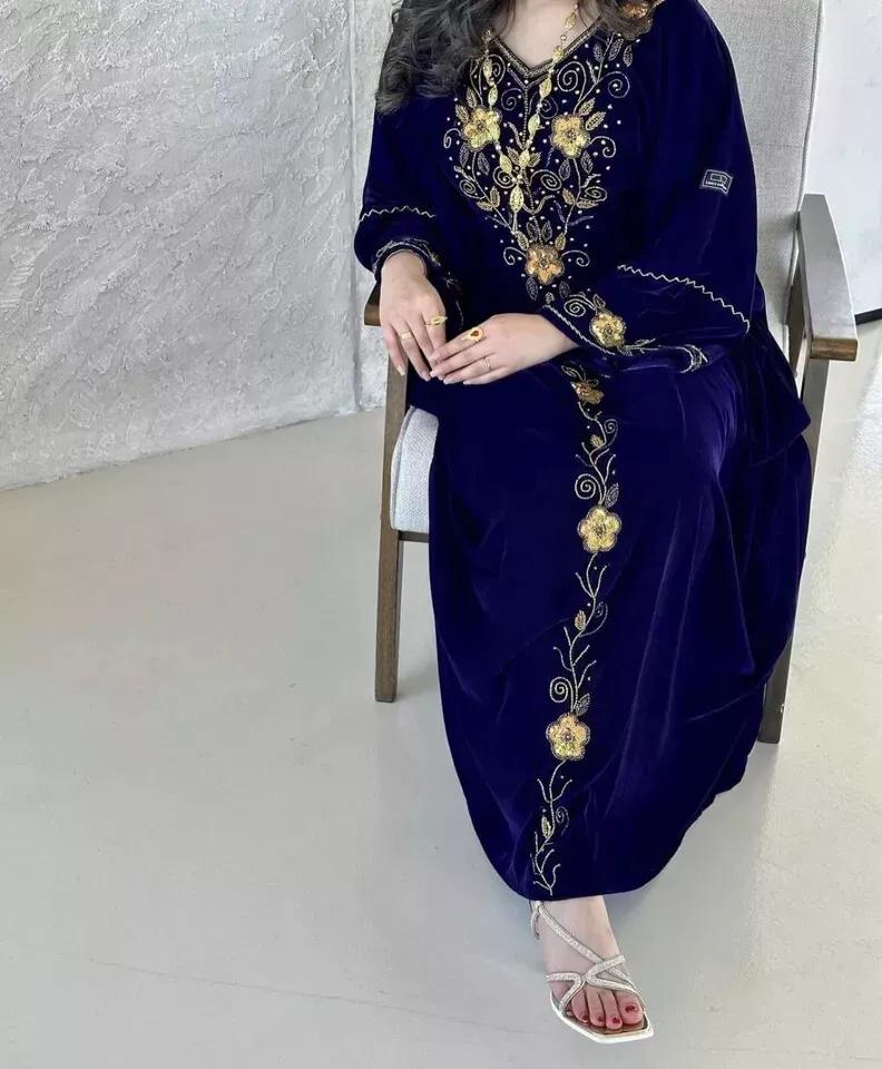 

Новое исламское марокканское стильное платье Абая, бархатное платье Фараша, кафтан, Дубай FREE SIZE темно-синий