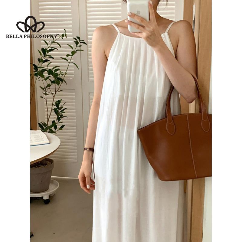 French Elegant Simple Loose Round Neck Pleated Dress Design Sense Large Backless Sleeveless Solid Color Sling Dress