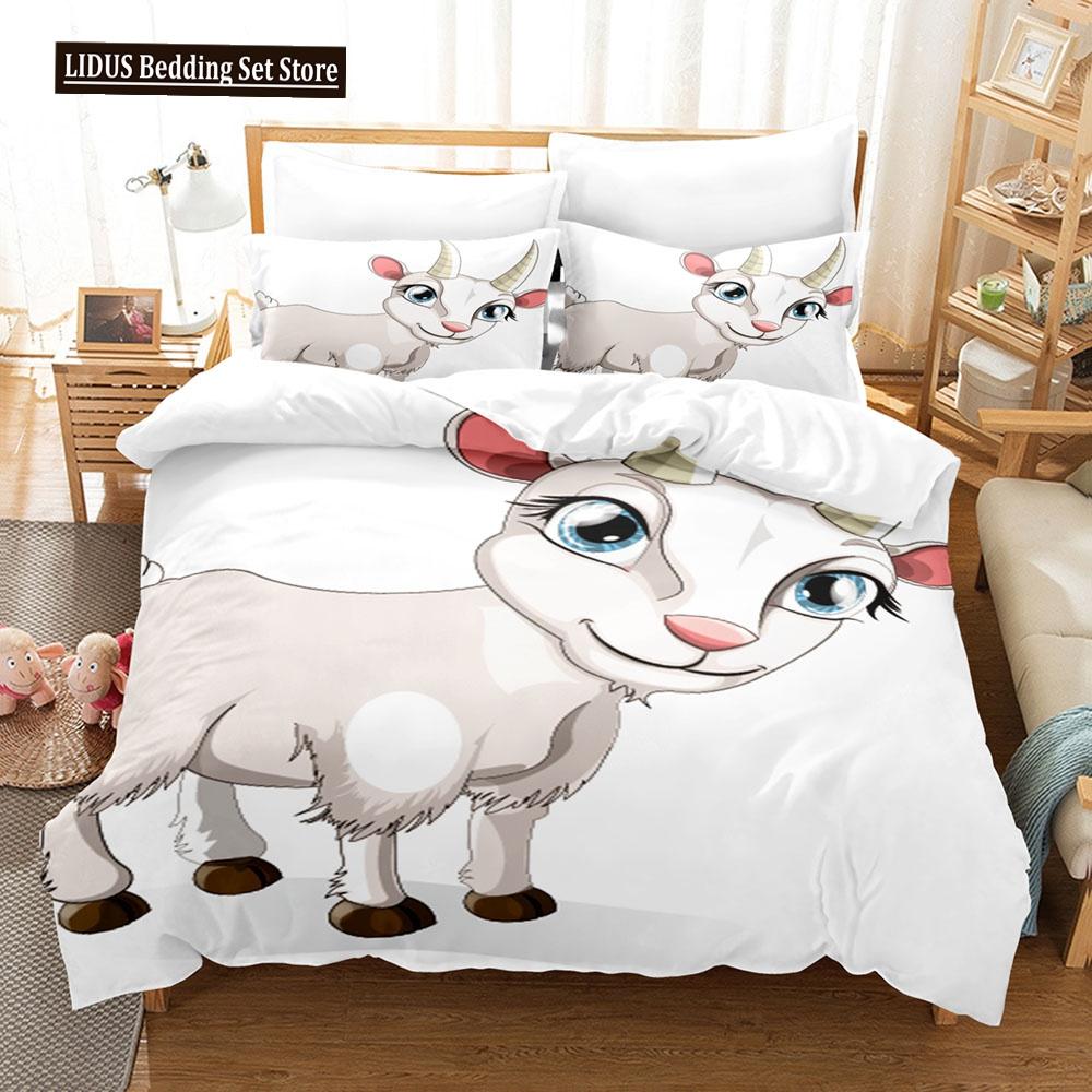 Cartoon Goat Duvet Cover Set Cute Kawaii White Goat White Background King Queen Size For Girls Boys Gift Polyester Bedding Set
