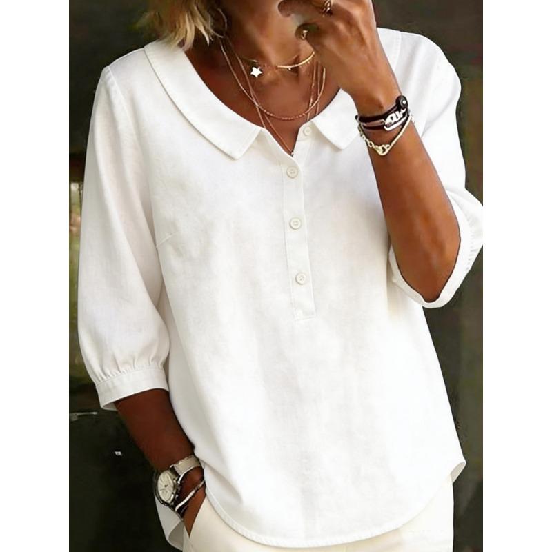 IHUASU Women's Fashion Casual Solid Color Print 3/4 Sleeves POLO Neck Blouses & Shirts