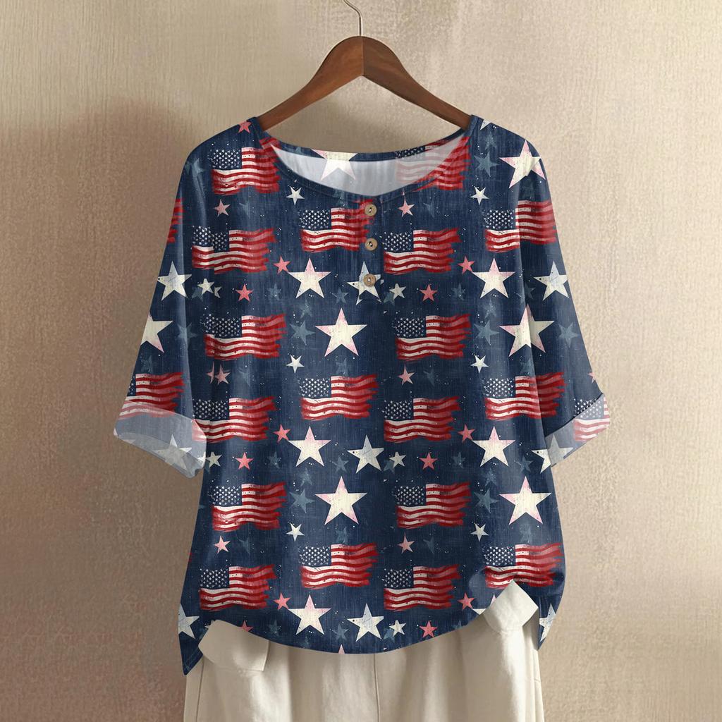 Womens Crew Neck Loose Fit Pullover T Shirt Top with Star Print Mid Sleeve Comfortable Casual Style for Daily Wear
