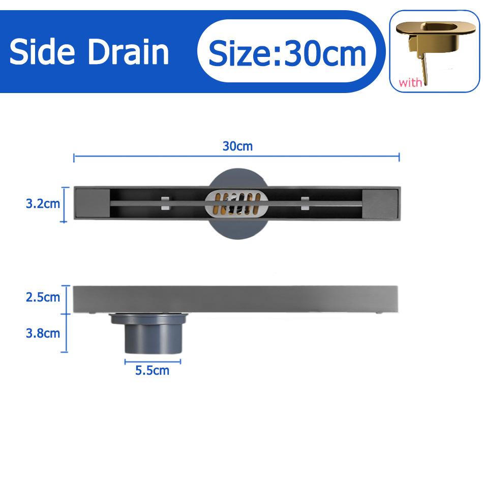 Black Floor Drain 30 40 50cm Kitchen WC Bathroom Shower Large displacement Linear Drainage Side Floor Drains 304 Stainless Steel