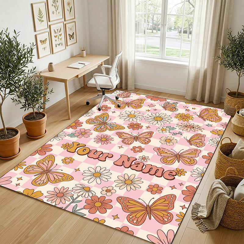 Butterflies Flowers Theme Soft Crystal Velvet Rug Custom Name & Text Print Non Slip Floor Rug for Bedroom Living Room