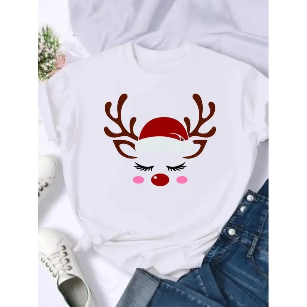 Deer Face Trend Cute Merry Christmas Fashion Female Shirt Print T Top Women Holiday Clothing New Year T-shirts Graphic Tee