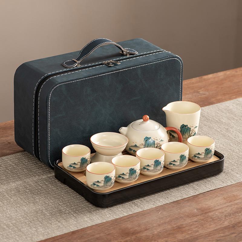 Xishi Teapot Huang Ru Kiln Travel Kung Fu Tea Set Household Portable Teacup Teapot Light Luxury Business Gifts