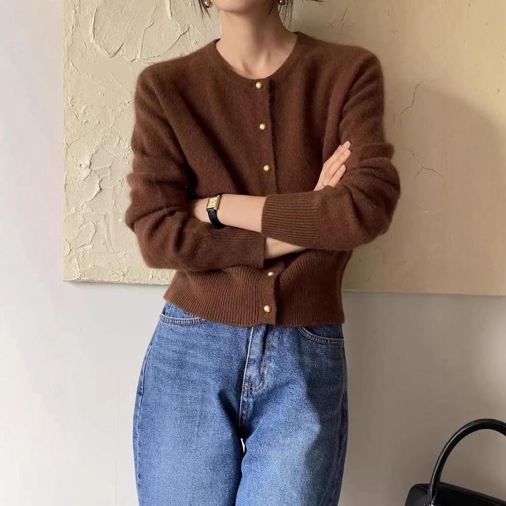 Women's French-Inspired Loose Fit Pure Wool Knit Cardigan with Gold Buttons and Round Neck Sweater