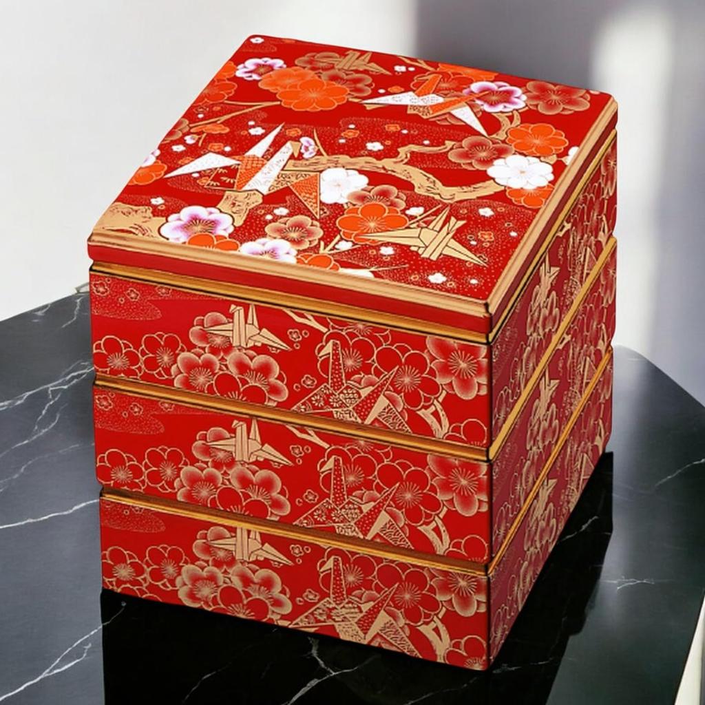 J-kitchens Lacquerware 3-Tiered Jubako Box, 7.0 Inches, Saikōgura, Vermilion Crane with Gold Rim, 20cm, Resin, Made In Japan