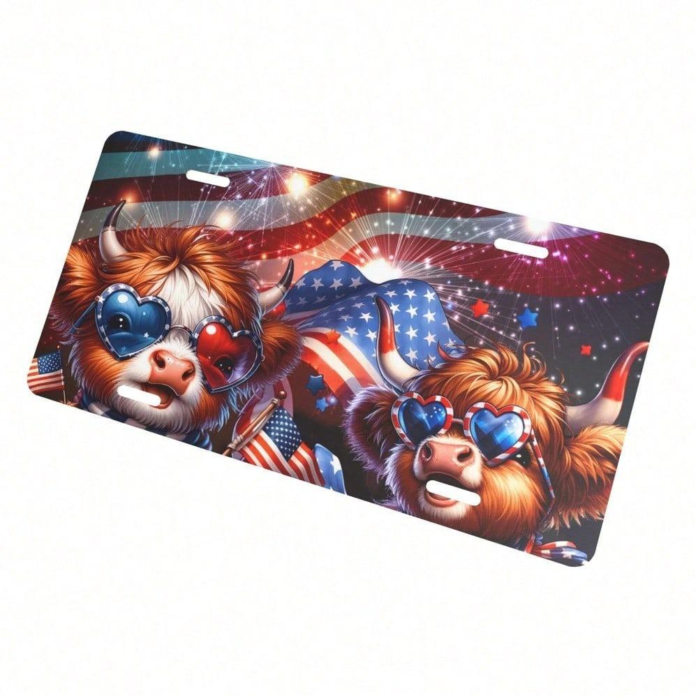 Alpine Cattle American Flag Front License Plate, Rust-Free Aluminum Car Accessory, Funny Novelty Vanity Tag for Men Women