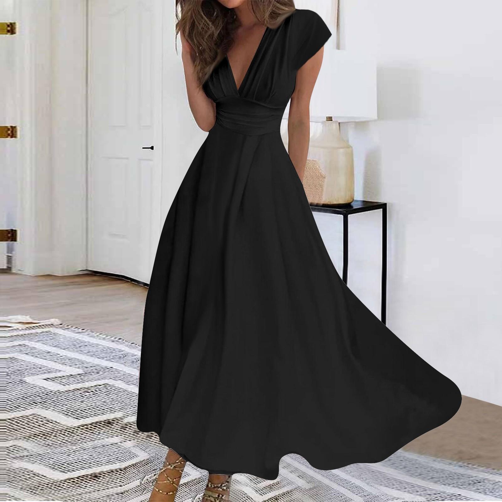 

Женское длинное платье Платье макси Повседневное платье Шифоновые платья Свободное платье Повседневное платье для взрослых на открытом воздухе Повседневное платье с рюшами и коротким рукавом с v-образным вырезом S чёрный