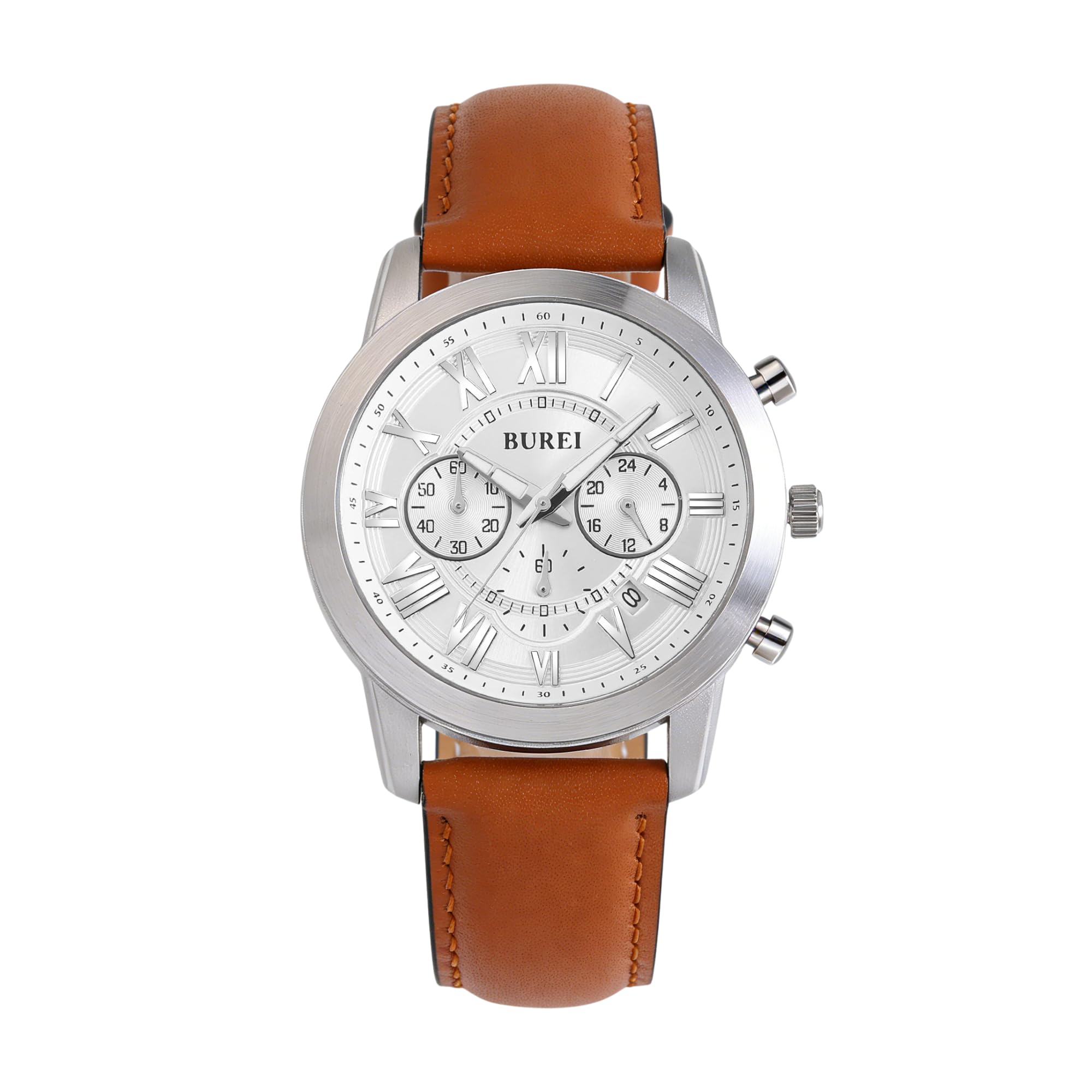 BUREI Analog Quartz Watch with Date Roman Brown Leather Business Day Gift Men s Display, Waterproof, Easy-to-Read Chronograph, Numerals, Strap, белый