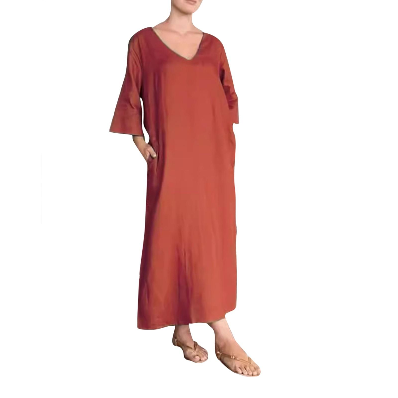 

Women s Dresses V Neck Seven Sleeve Hem Double Slit Loose Long Shirt Dresses S винний