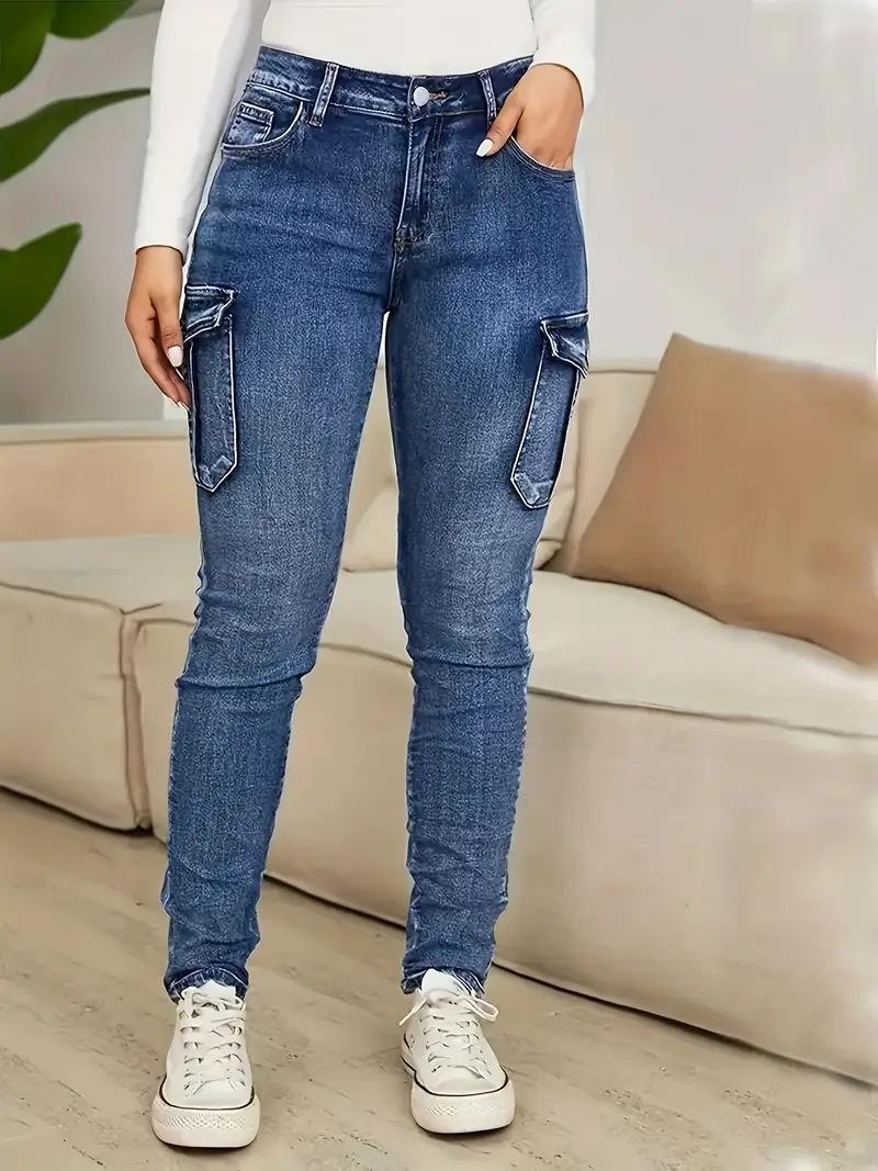 Women s Plus Size Blue Ruffled Multi-Pocket Elastic Jeans Large