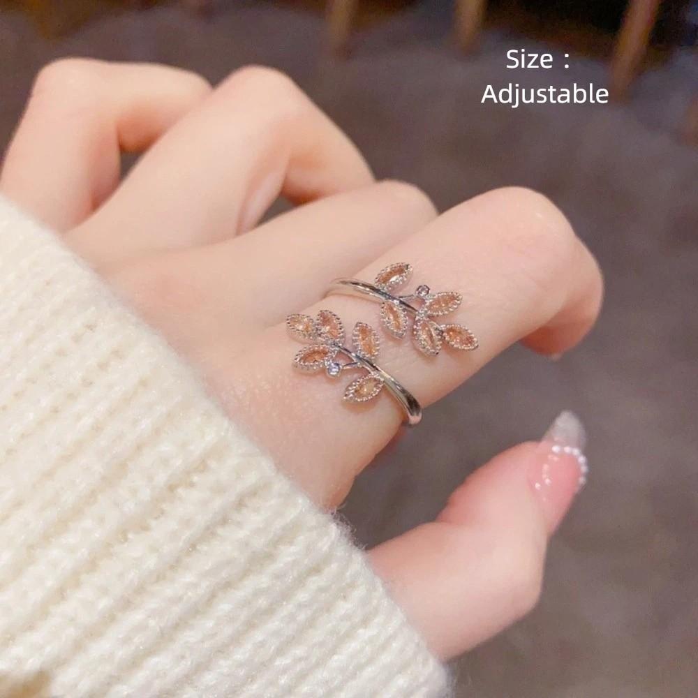 Adjustable Design Wheat Ear Leaf Rings Silver Color Leaves Ring Zircon Rings  Women's Jewelry