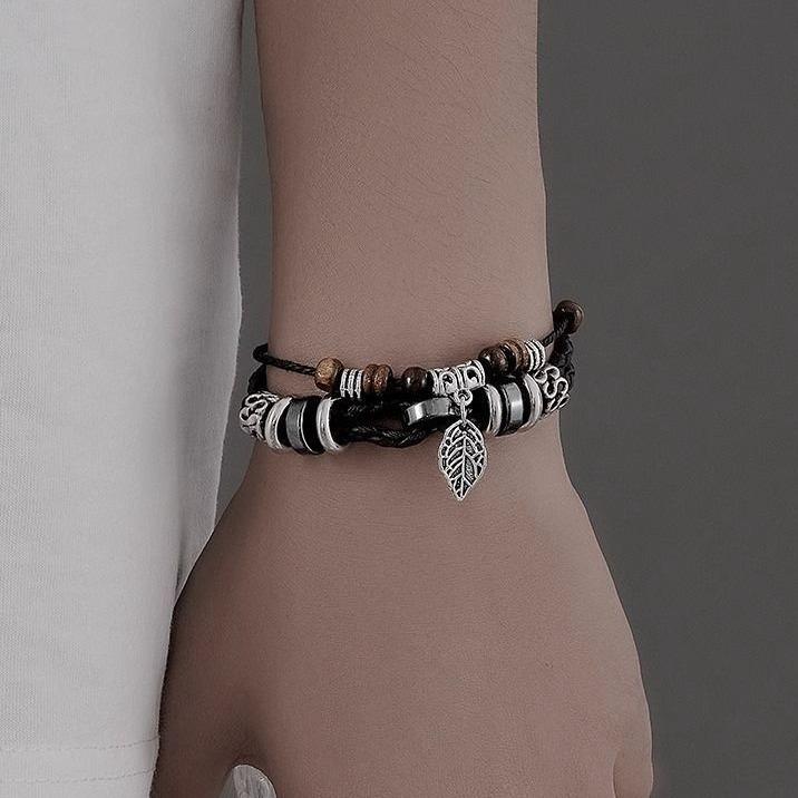 Herren Retro Mehrschicht Leder Baumblatt Armband - Handgewebt, Schlicht, Studentenfreundlich und Ideal für Paare.