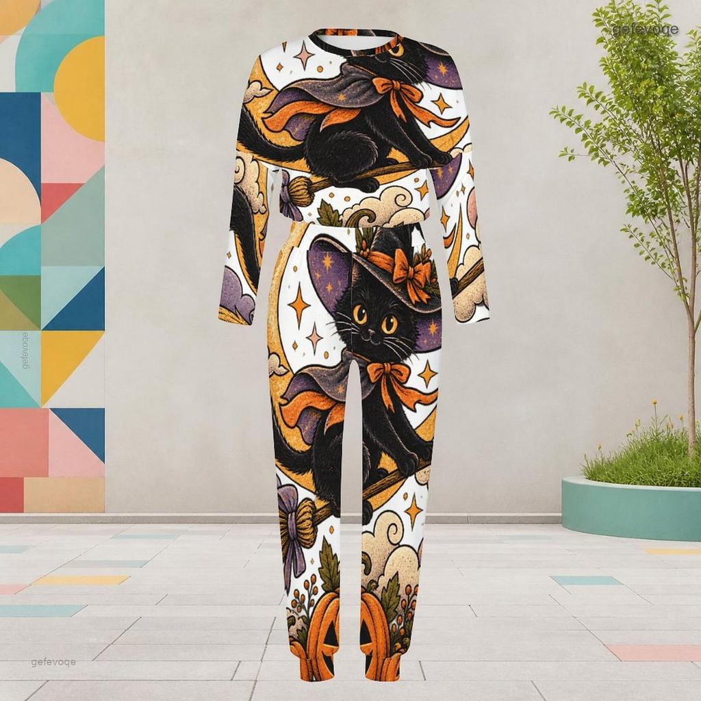 Women Plus Size Round Neck Long Sleeve Cartoon Raccoon Printed Cuffed Two Piece Pants Set With Pockets
