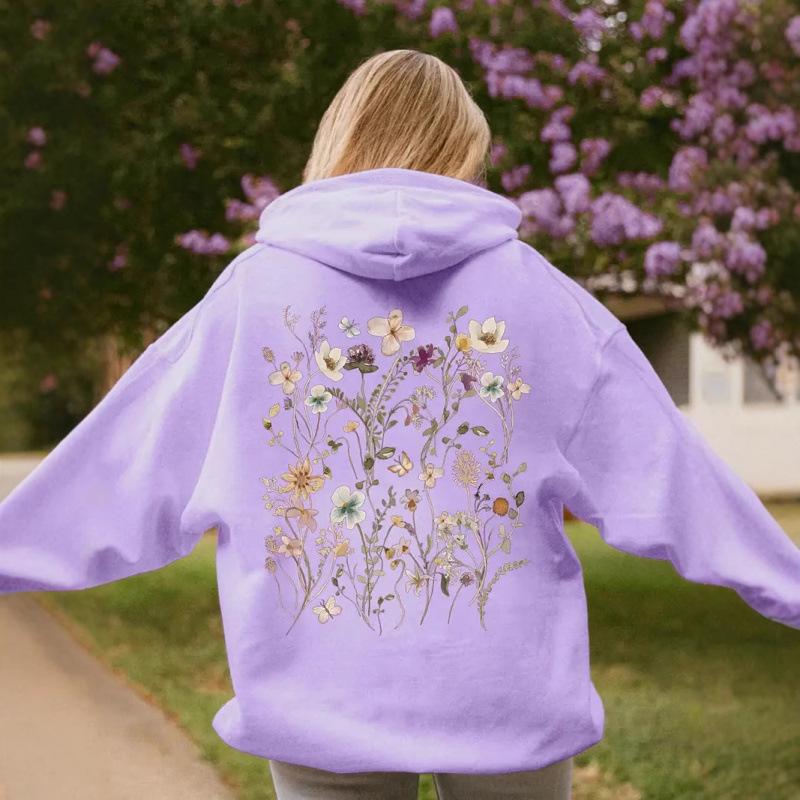 2025 Trendy Floral Print Loose Plus Size Pullover Hoodie Sweatshirt