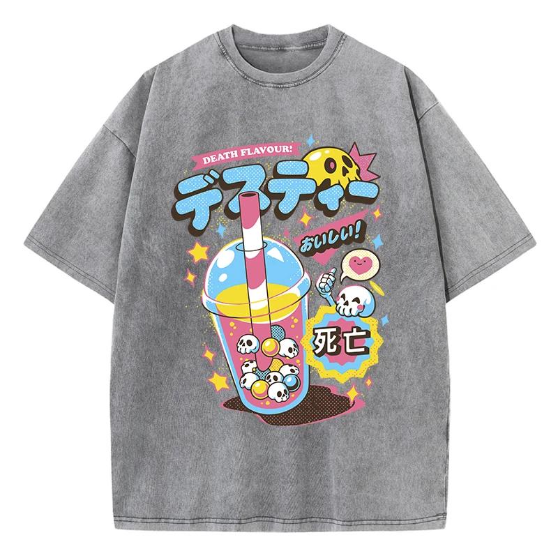 Fashion Woman Washed T-Shirts Funny Skull Drink Printing Short Sleeve Cotton Distressed Oversize Crewneck Tops Street Clothes
