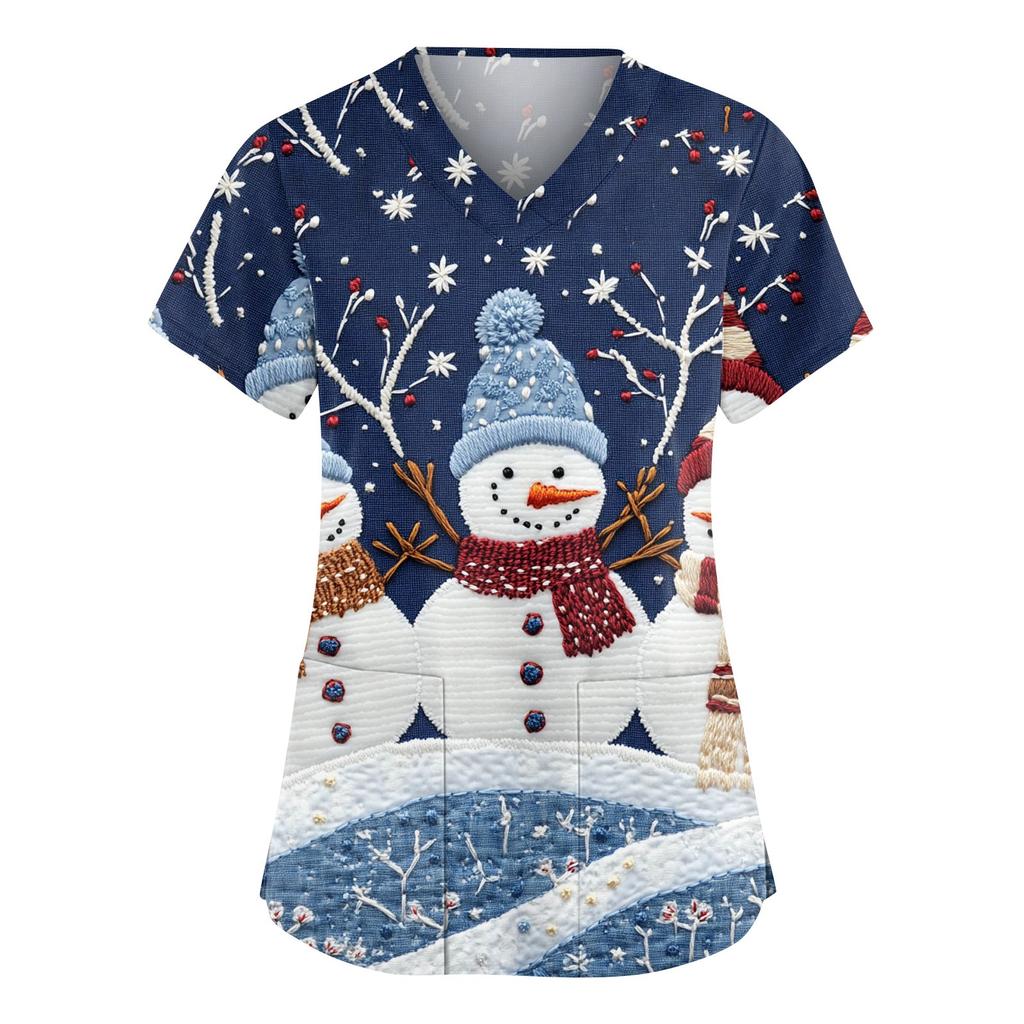 Damen Modische V-Ausschnitt Arbeitskleidung Weihnachten Bedruckt Kurzärmlig Tasche Seitenschlitz Arbeitskleidung Basic Pullover Top