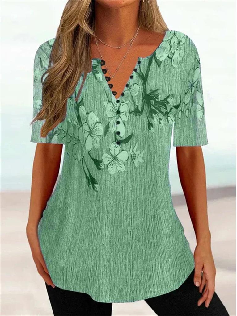 Summer Womens Loose Vneck Shirt With Floral Print And Button Closure For Casual Office Wear